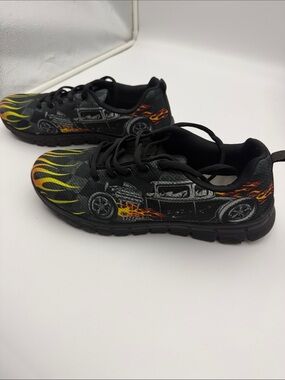 Men's Black Sneakers with Yellow & Orange Flame Car Graphic